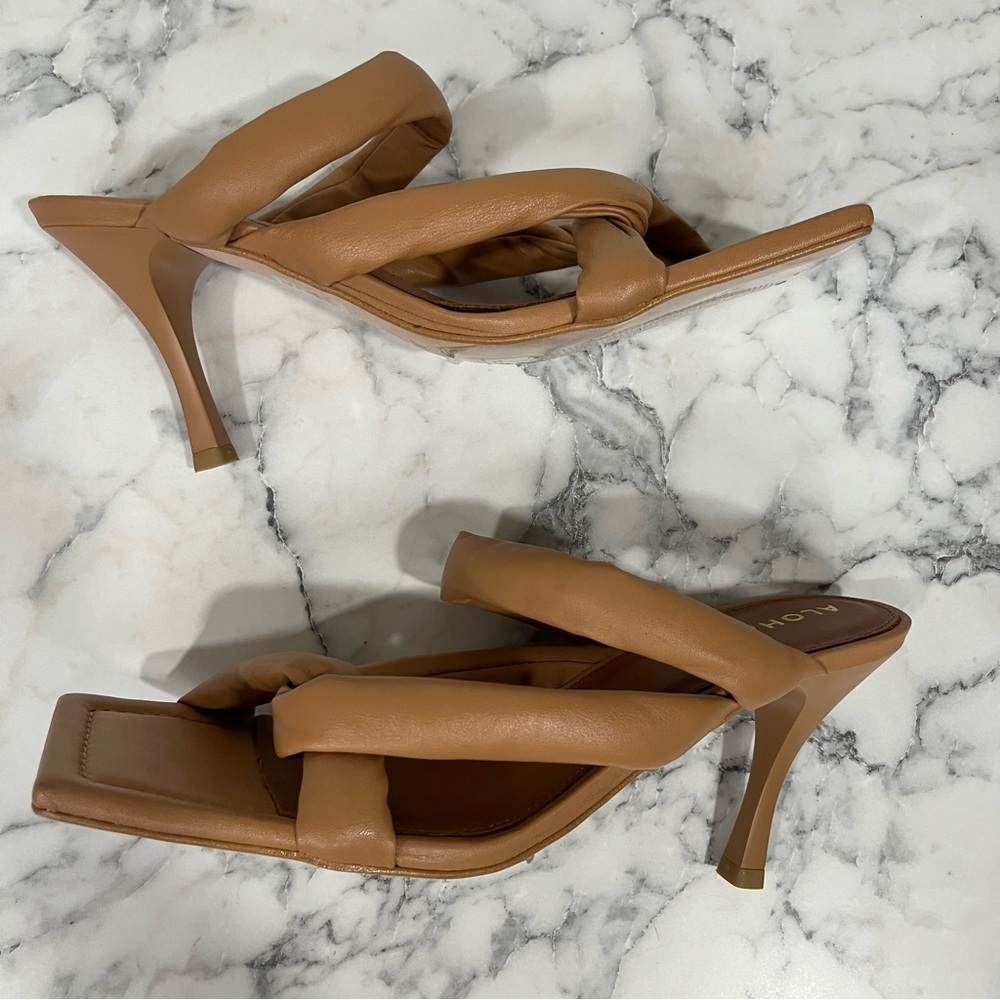 ALOHAS Amaretto mules twist strap leather heels sandals in camel brown size 10 - Picture 11 of 16